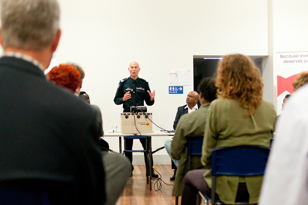 Deputy Commissioner Andrew Crisp speaks at a forum on racial profiling in Footscray. Image: Aaron Claringbold